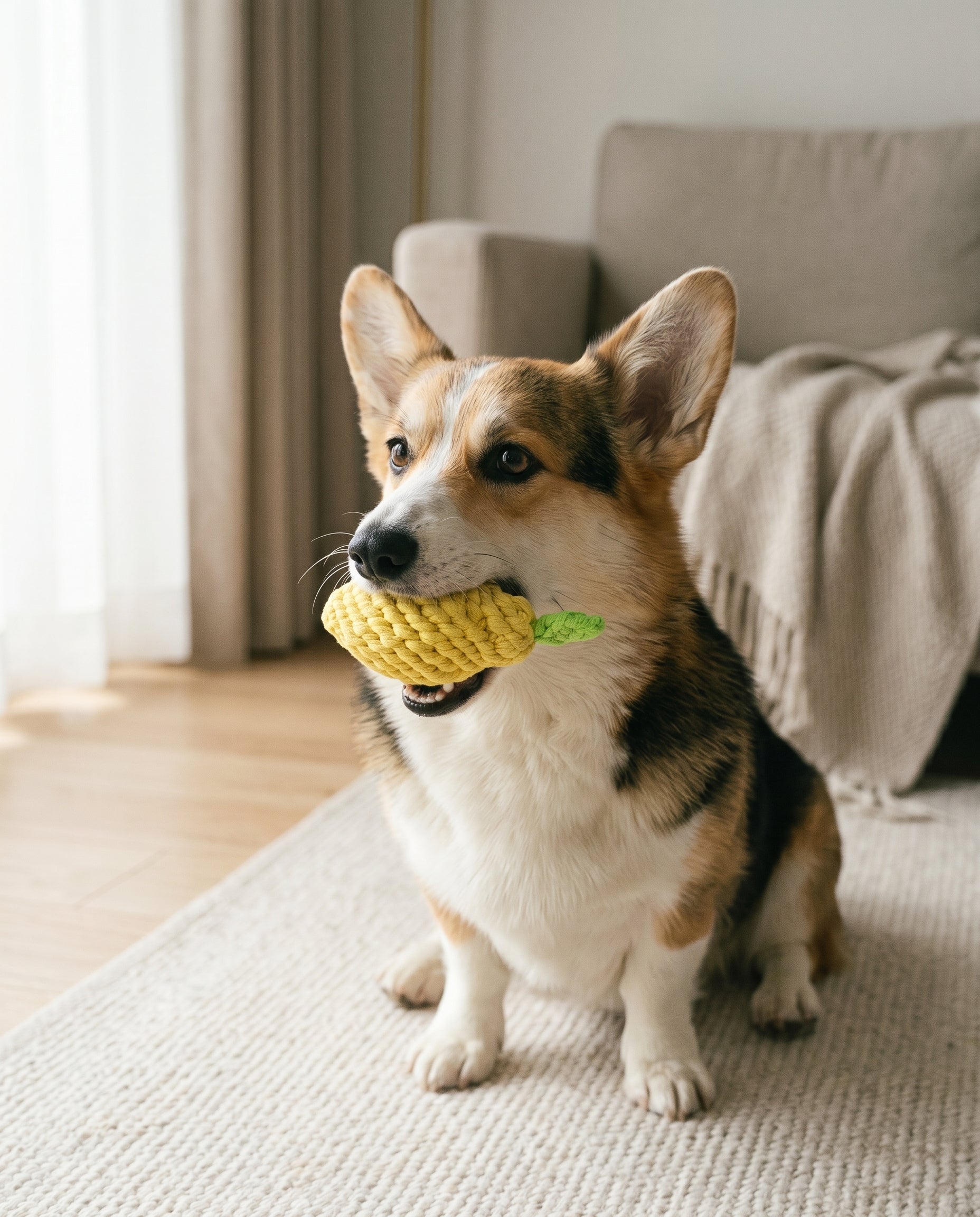 Dog holding a Lemon toy indoors on a carpeted floor.