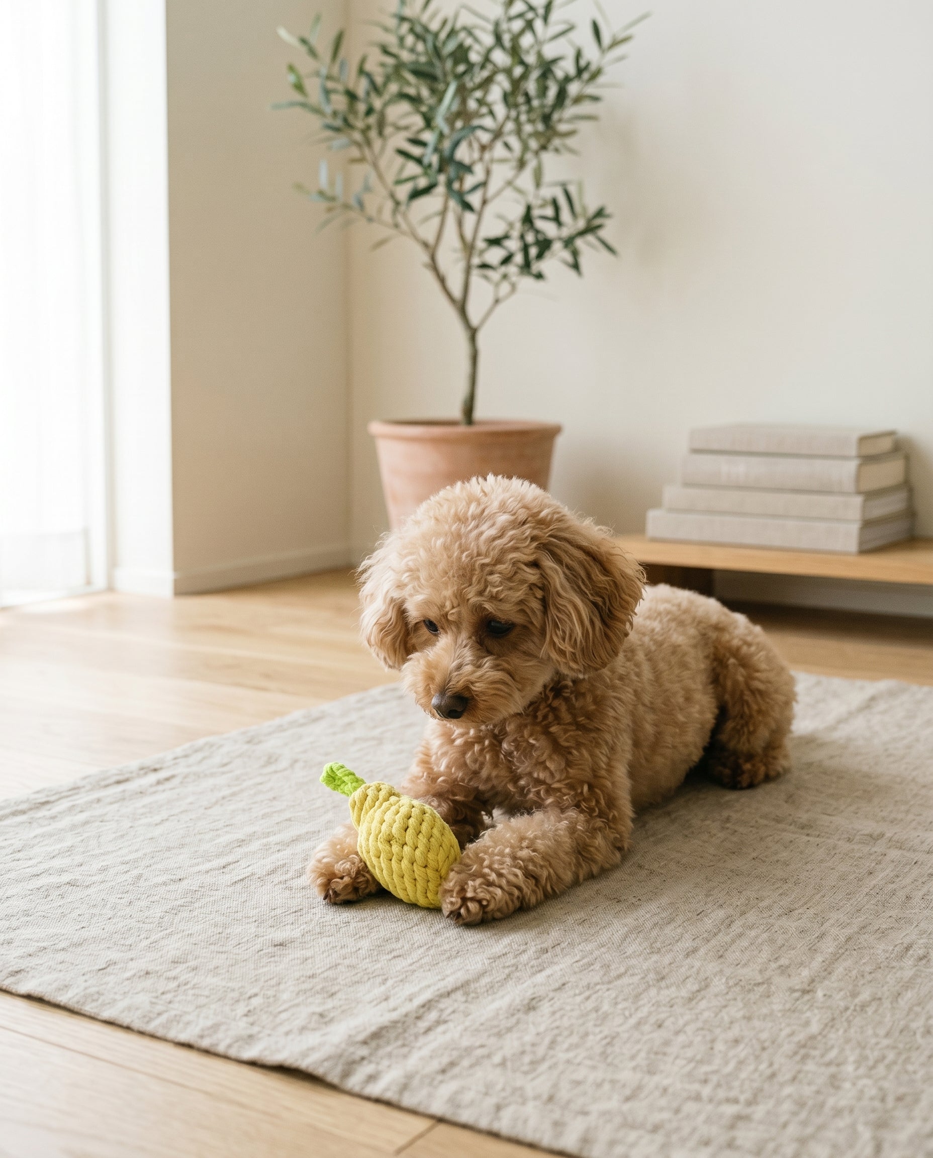 Small brown dog playing with a Lemon pet rope toy on a rug in a room with a plant and books.