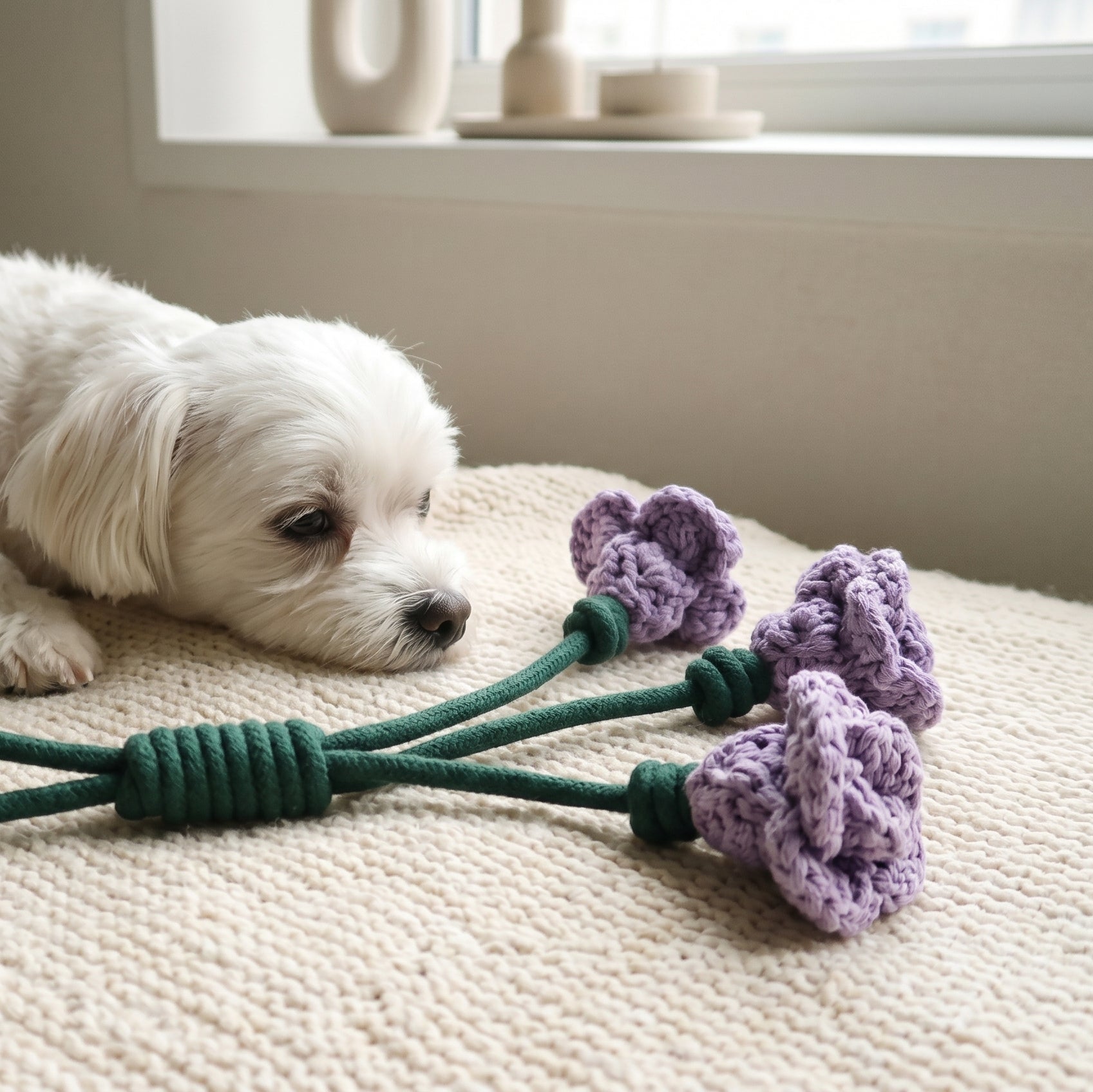 A small white dog lies on a cream textured blanket next to a handmade dog toy made of a dark green rope and three purple crocheted flower-like ends.