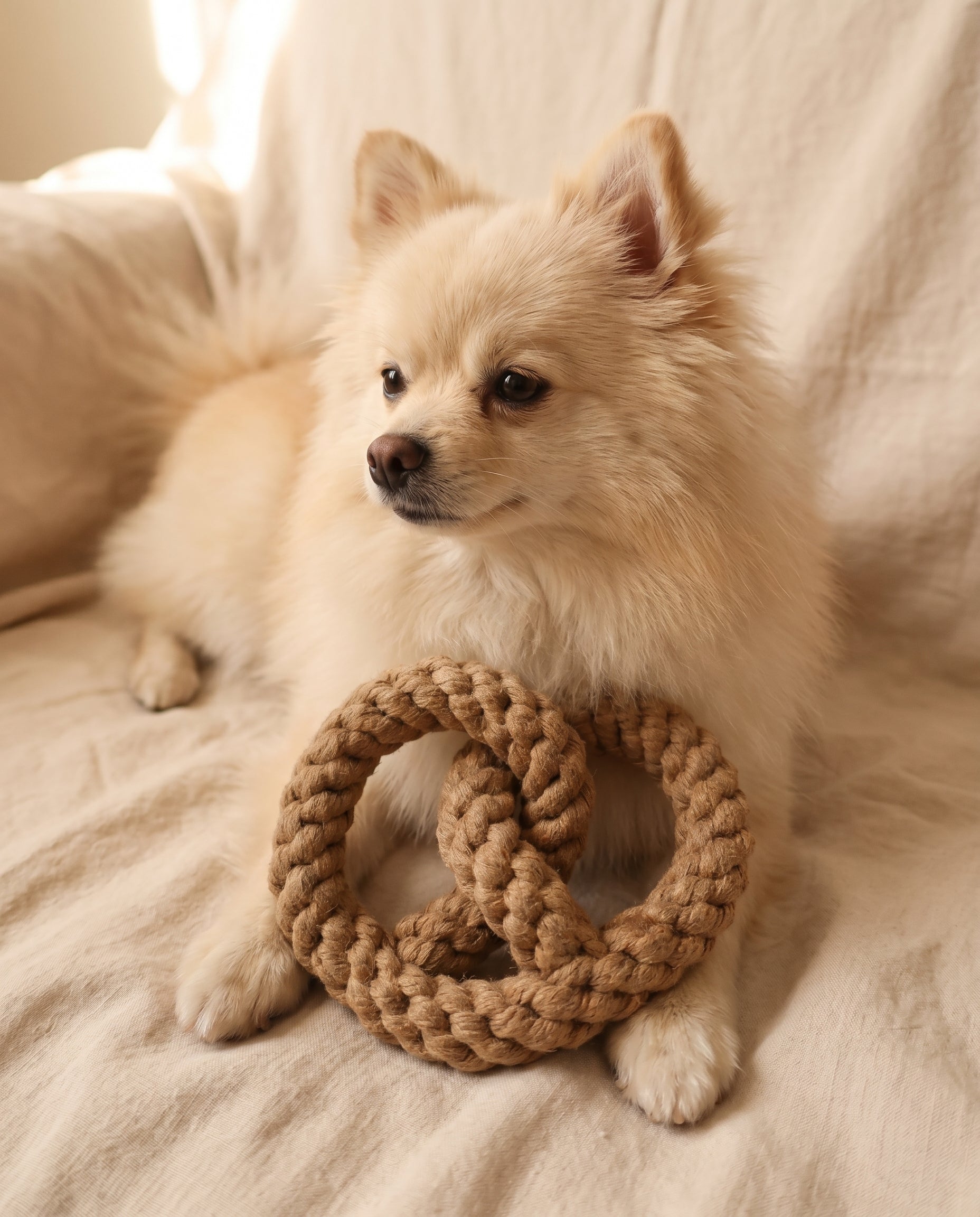 Small dog with a rope toy on a soft surface