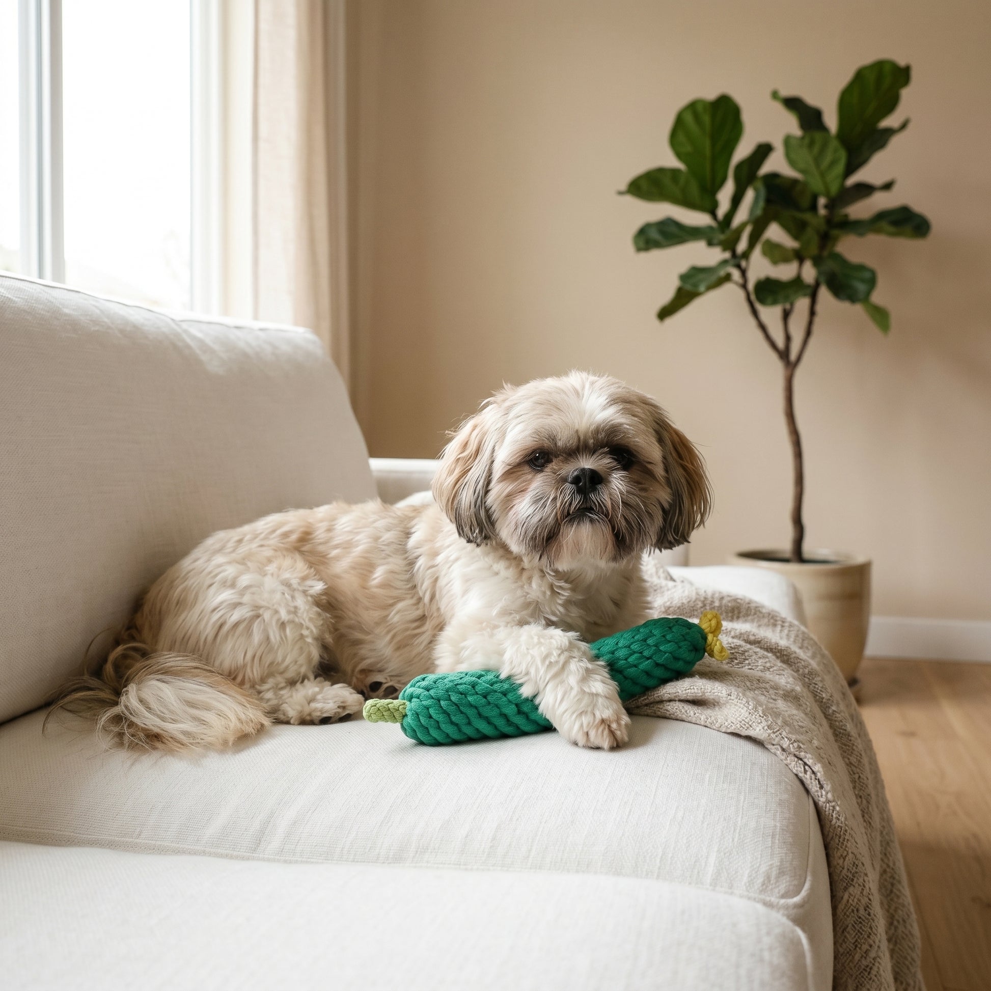 Dog lying on a couch with a green cucumber  toy, surrounded by a plant and a window in a home setting.