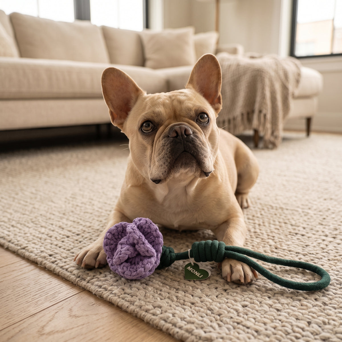 a french bull dog hold the Monli  handcrafted lavender rose snuffle tug toy