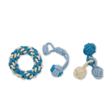 Blue and white rope dog toy with knot design on a white background
