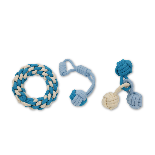 Blue and white rope dog toy with knot design on a white background