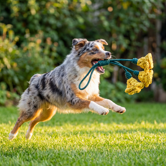 A blue merle Australian Shepherd dog is captured mid-air running on a green lawn, holding a yellow rope toy with a green handle in its mouth. The background is a soft-focus garden with lush green foliage.