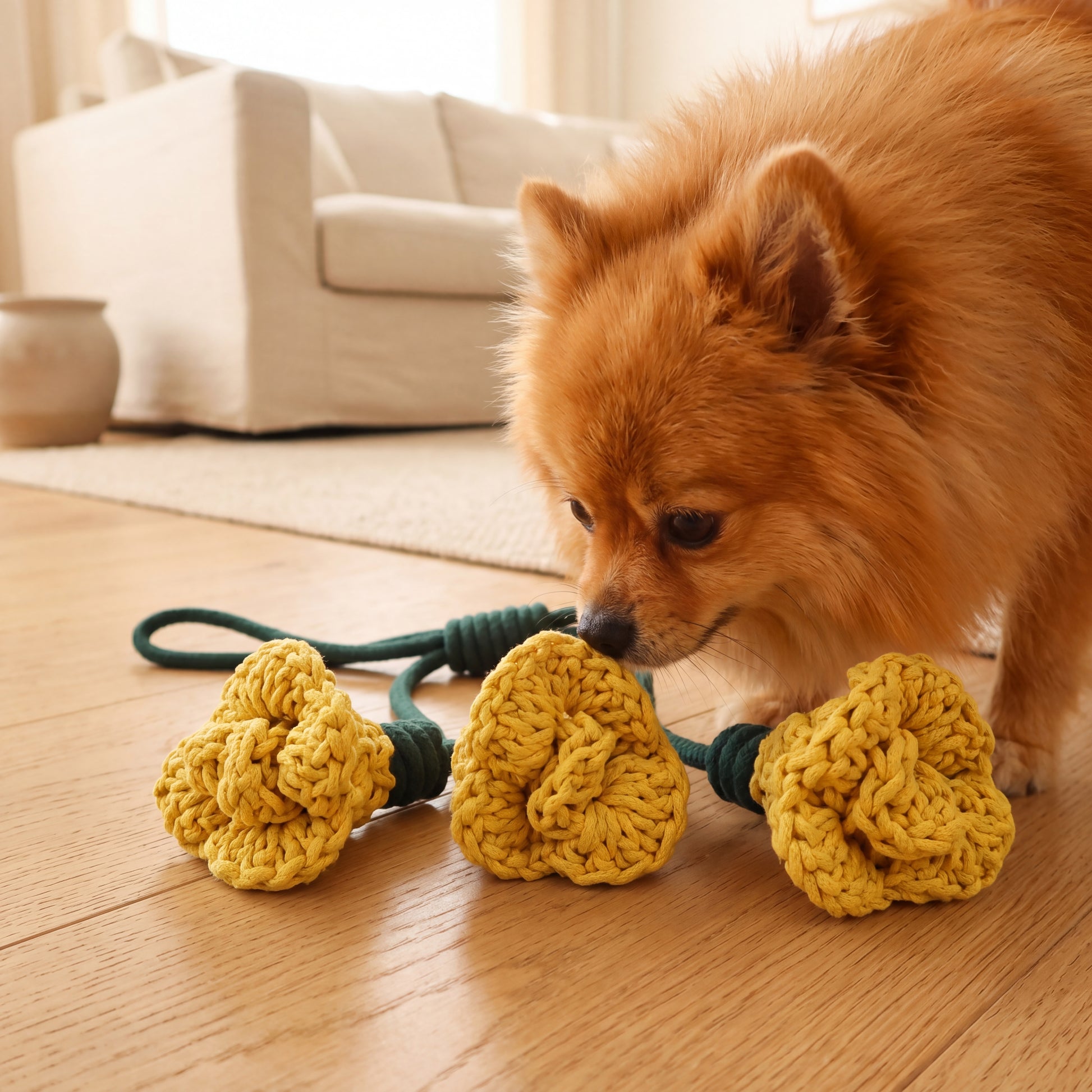 A fluffy orange dog on a wooden floor indoors, interacting with a knotted dog toy made of three yellow knotted fabric paws connected by a dark green rope.
