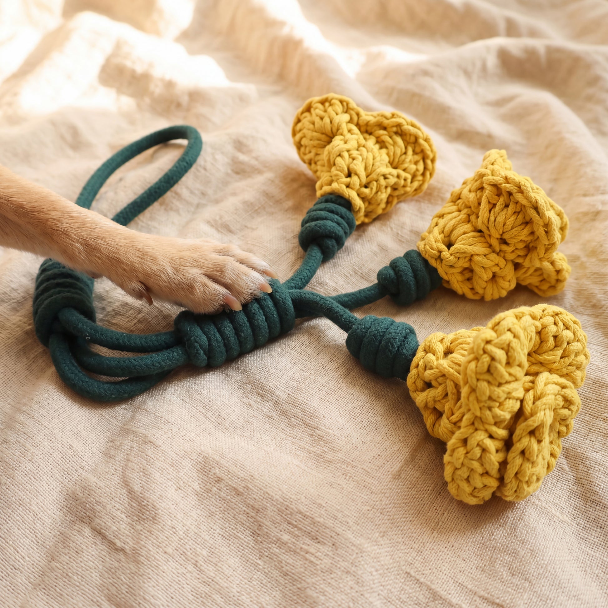 A dog's paw is resting on a dark teal rope toy with three yellow crocheted heart-shaped tug toys, laid out on a beige linen fabric background.