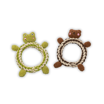 Two animal-themed rope toys, one shaped like a turtle and the other like a bear, on a white background.