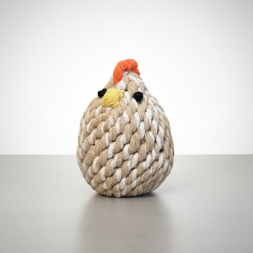 Rope toy shaped like a chicken on a white background