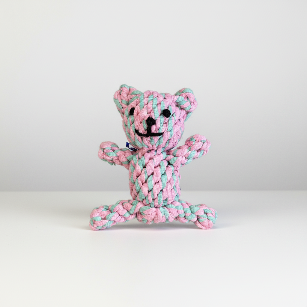 Pink and blue rope toy shaped like a bear on a white background