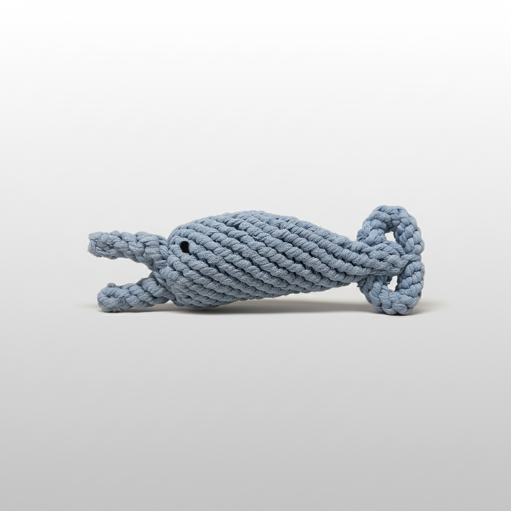 Blue rope dog toy on a light gray background