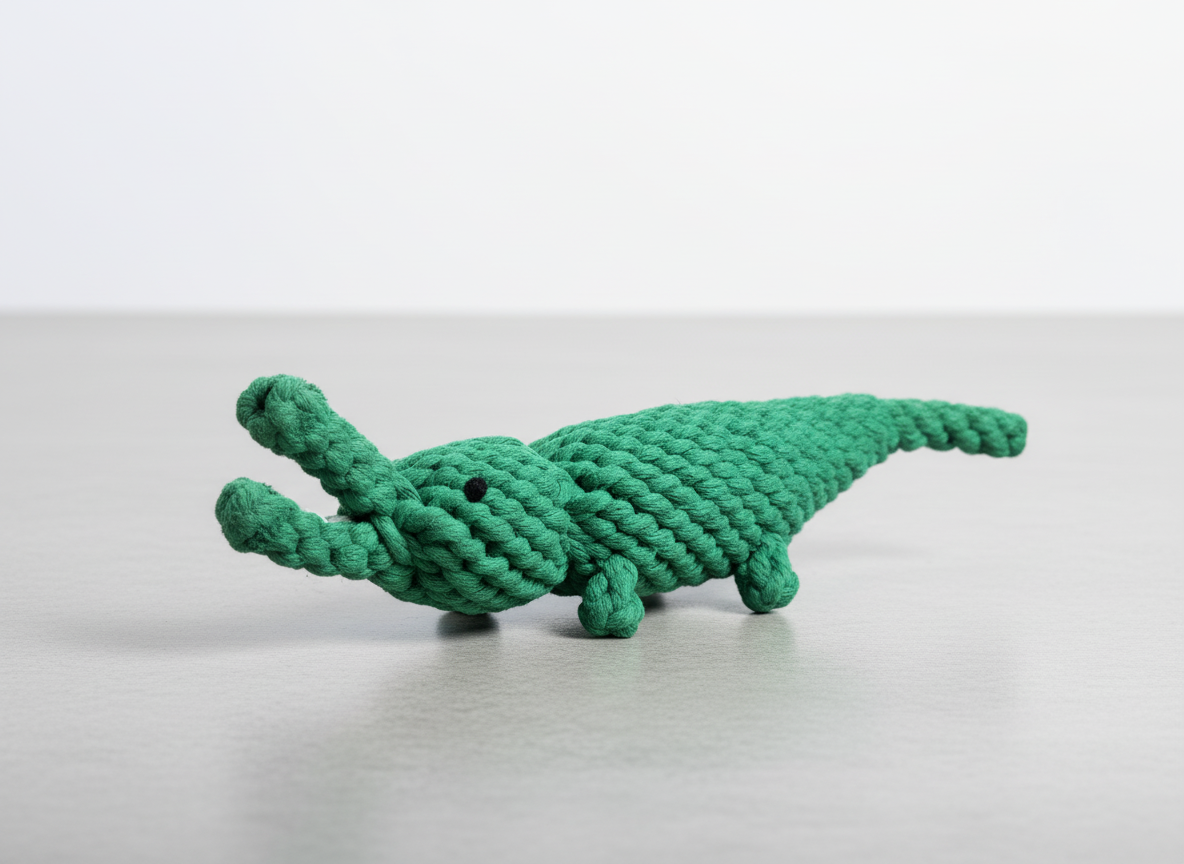 Green crocodile-shaped rope toy on a light gray background
