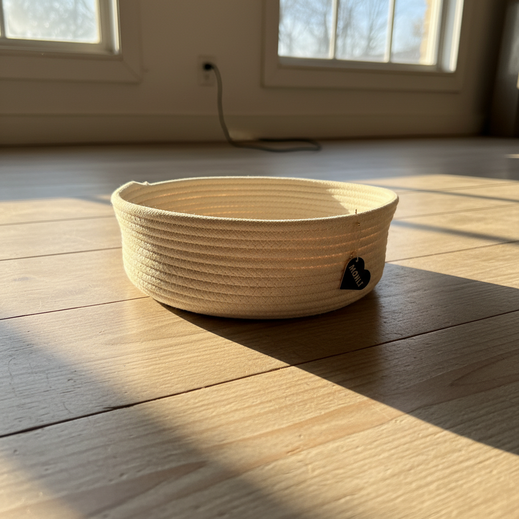 Woven basket on a wooden floor with sunlight casting shadows