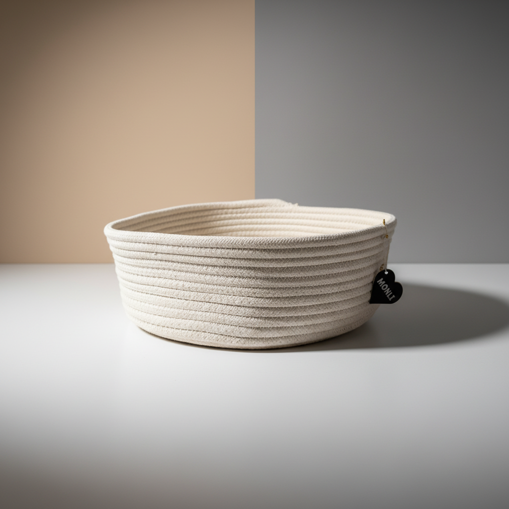 Beige woven basket on a gray surface with a two-tone wall background