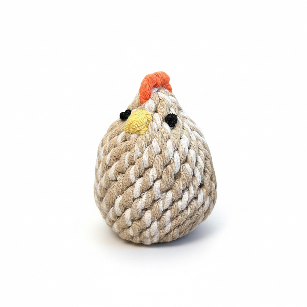 Rope toy shaped like a chicken on a white background