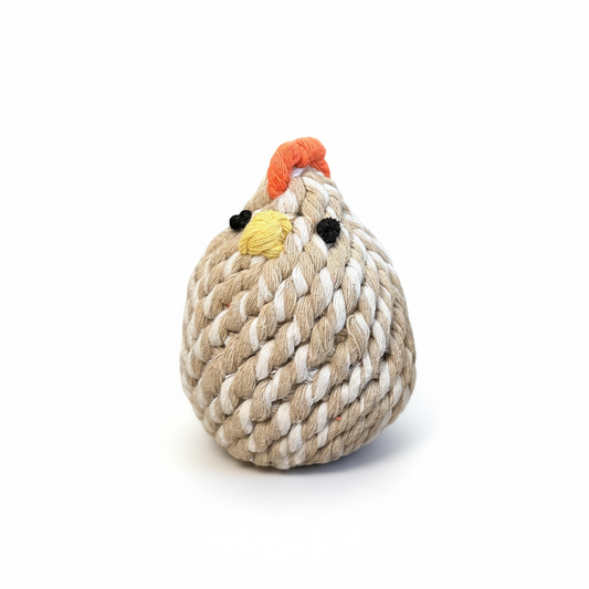 Rope toy shaped like a chicken on a white background