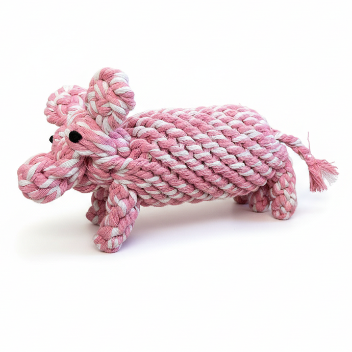 Pink and white rope hippo toy on a white background