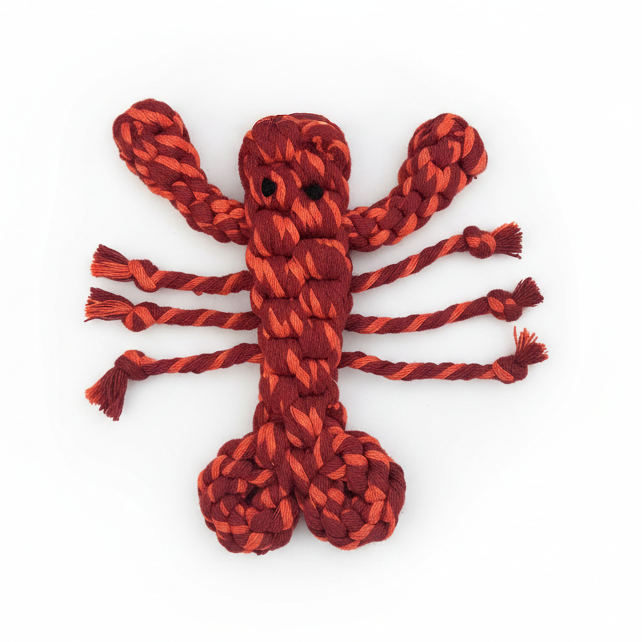 Red braided dog toy shaped like a lobster on a white background