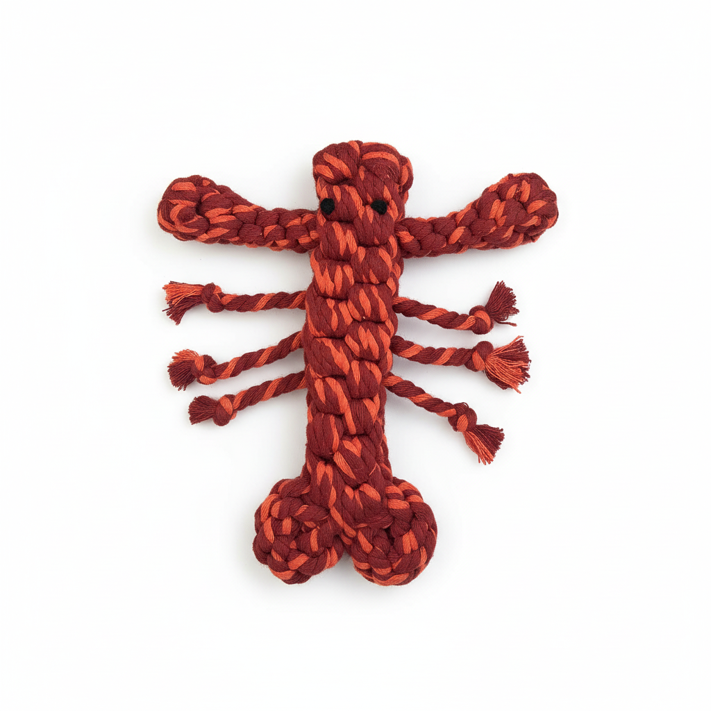 Red braided dog toy on a white background