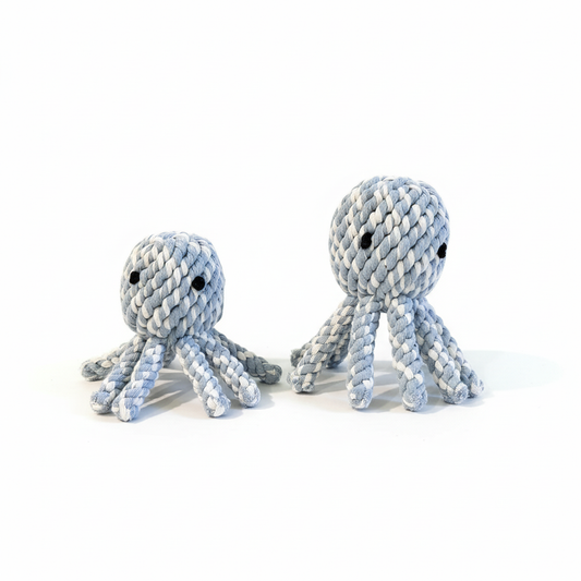 Two blue and white rope octopus toys on a white background