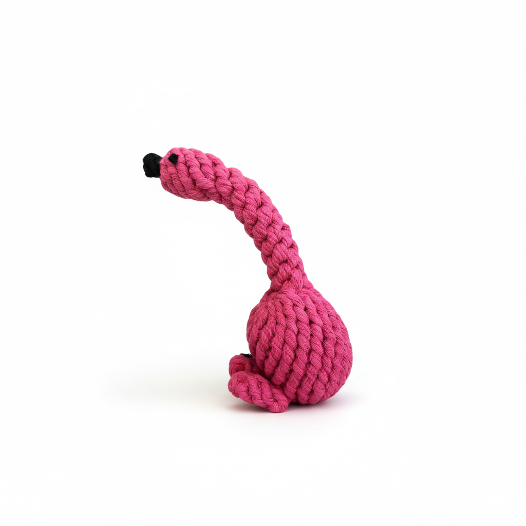 Pink knitted dog toy shaped like a flamingo on a white background
