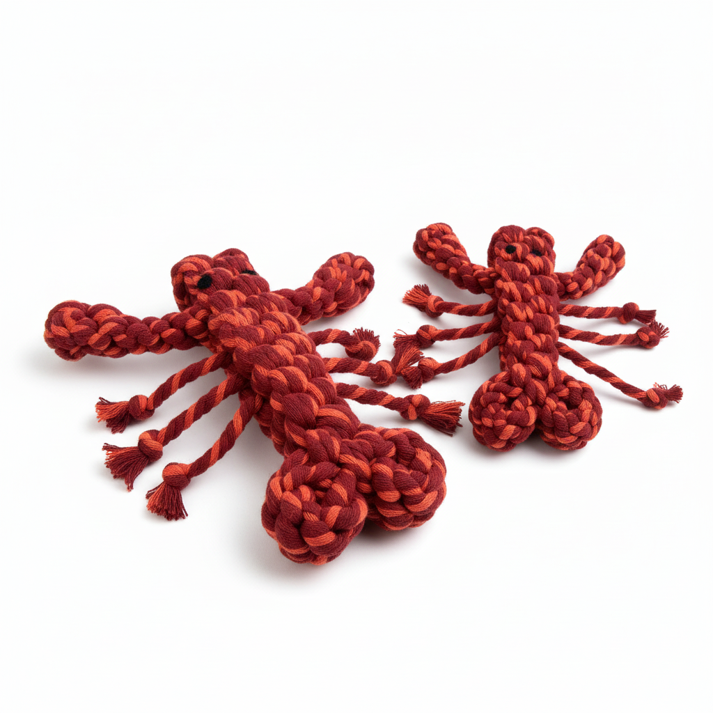 Two red rope toys shaped like octopuses on a white background
