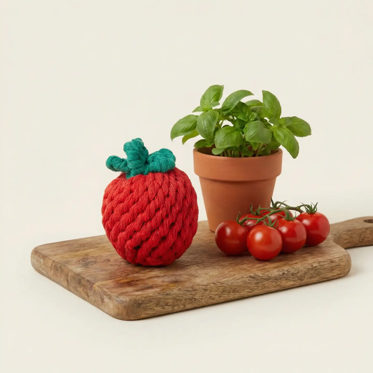 Red rope tomato toy on a wooden cutting board with small tomatoes and a potted plant.