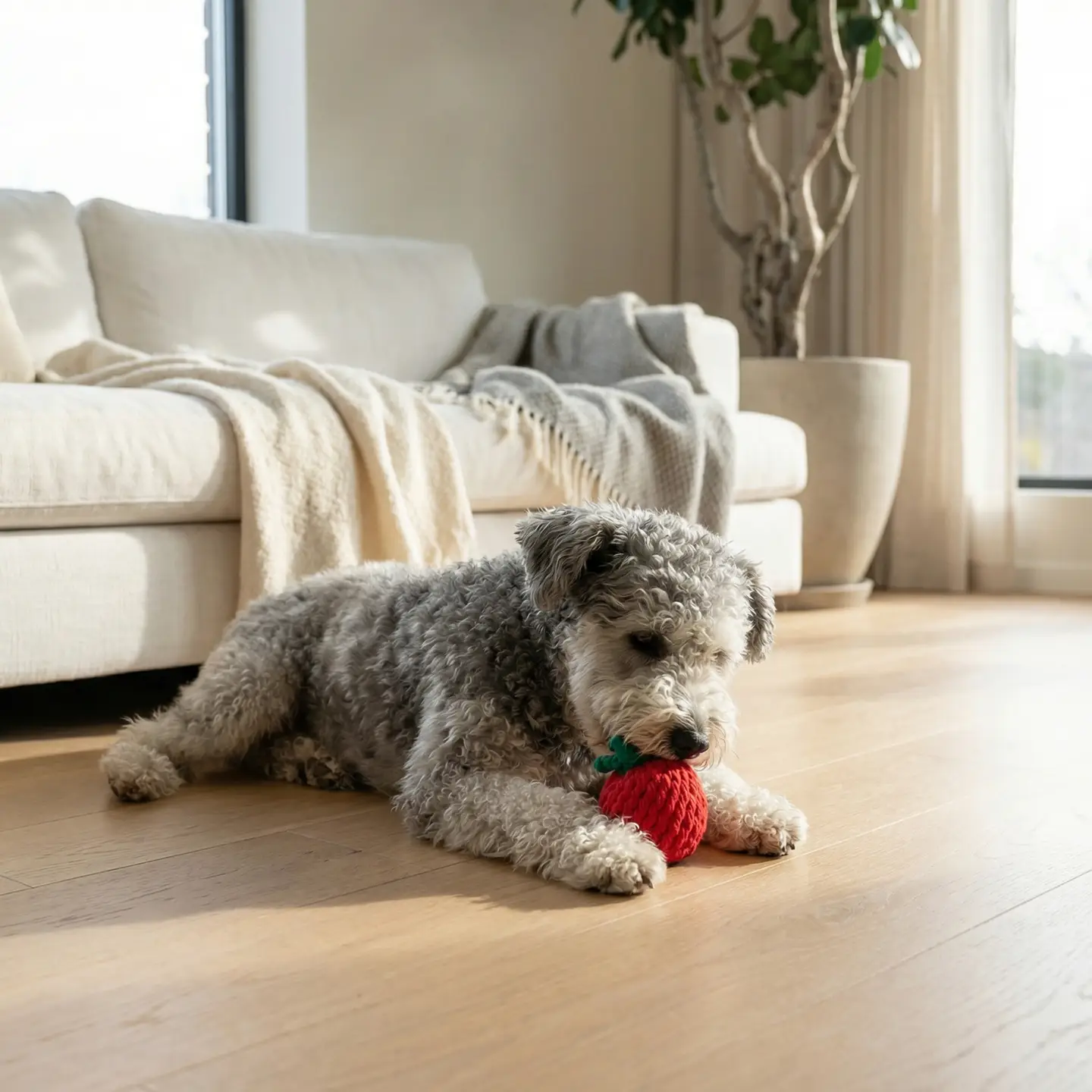 Dog playing with a red toy on a wooden floor in a living room.