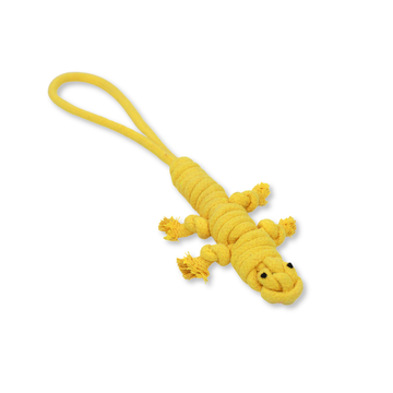 Yellow dog toy shaped like a lizard on a white background